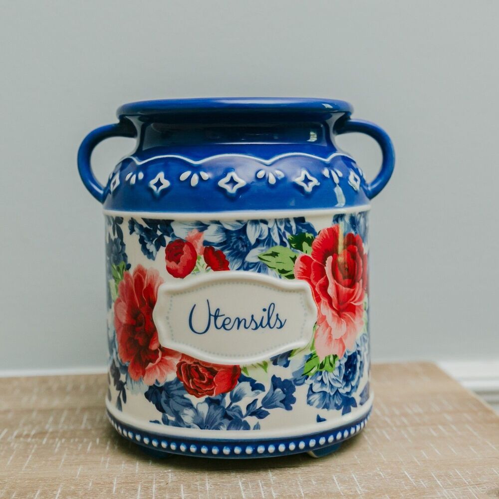 Pioneer Woman Blue Floral Ceramic Utensil Crock Double Handle